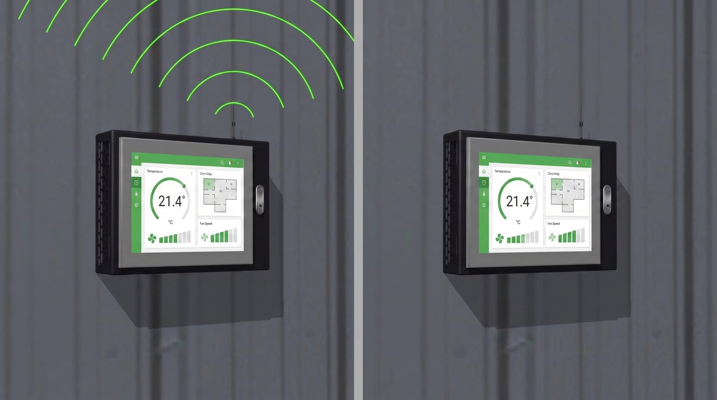 OXA wireless controls — wall-mounted OXA-V terminals communicating by radio with no signal cabling