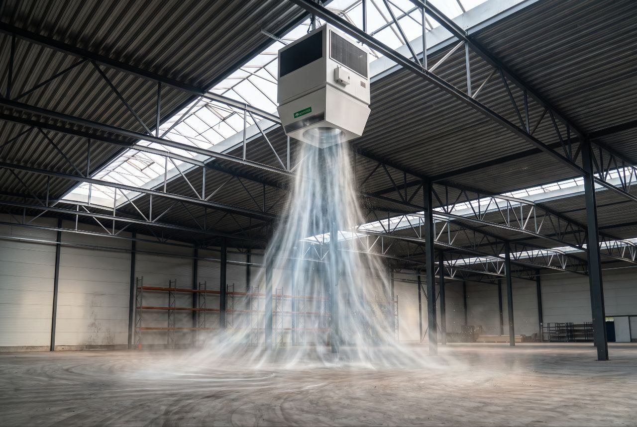 A Mycond OXA unit delivering a vertical air stream down to a warehouse floor