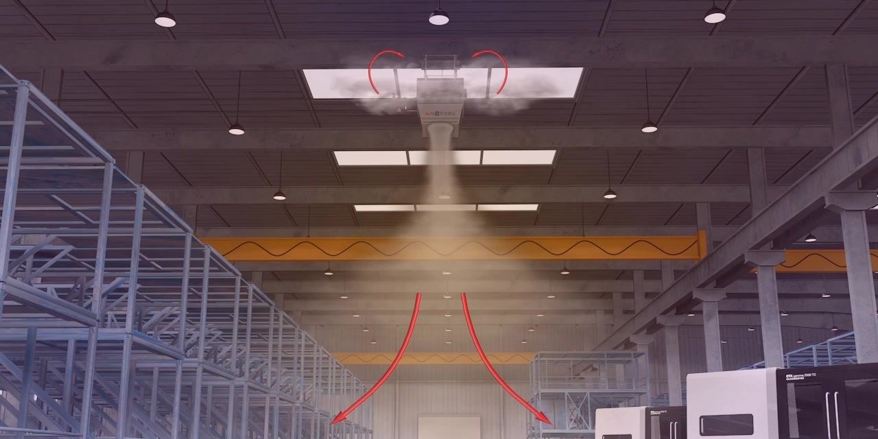 OXA heating mode — a vertical stream of warm air punching through the hot layer down to the floor