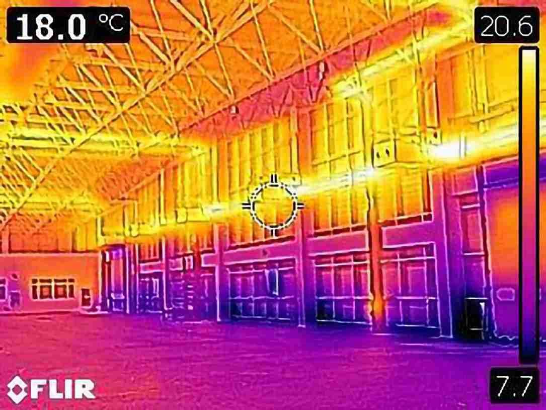 Thermal image of a tall building: the warmest zone is under the roof, the coldest is the working zone near the floor